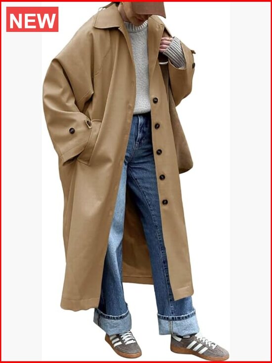 Jackets & Blazers - Womens Long Trench Coat Single Breasted Oversized Windproof Classic Lapel Fall
